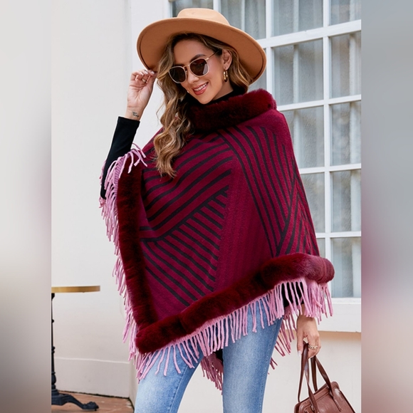 Plush Faux Fur Retro Fringe Stripe Pullover Oversized Warm Knit Poncho Cardigan - Picture 1 of 14